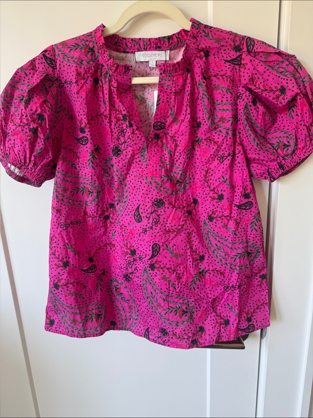 Sugarlips Hot Pink Paisley Puff Sleeve Blouse